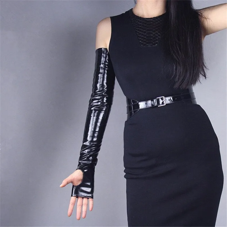 Leather fingerless Long Gloves in Red / Black (60cm)