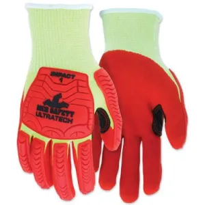 MCR Safety UT1953 UltraTech™ A4/Impact Level 1 Mechanics Knit Glove, Small, Hi-Viz Lime; Red, UT1953S