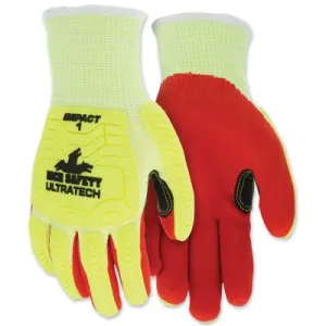 MCR Safety UT1956 UltraTech™ A5/Impact Level 1 Mechanics Knit Glove, Large, Hi-Vis Lime/Red, UT1956L