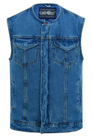 Men’s Denim Vest with Concealed Snaps, Hidden Zipper & Collarless Design