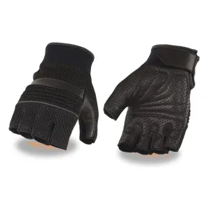 MG7504 Men's Black Perforated Mesh Gel Palm Fingerless Motorcycle Hand Gloves W/ ‘Reflective Piping’