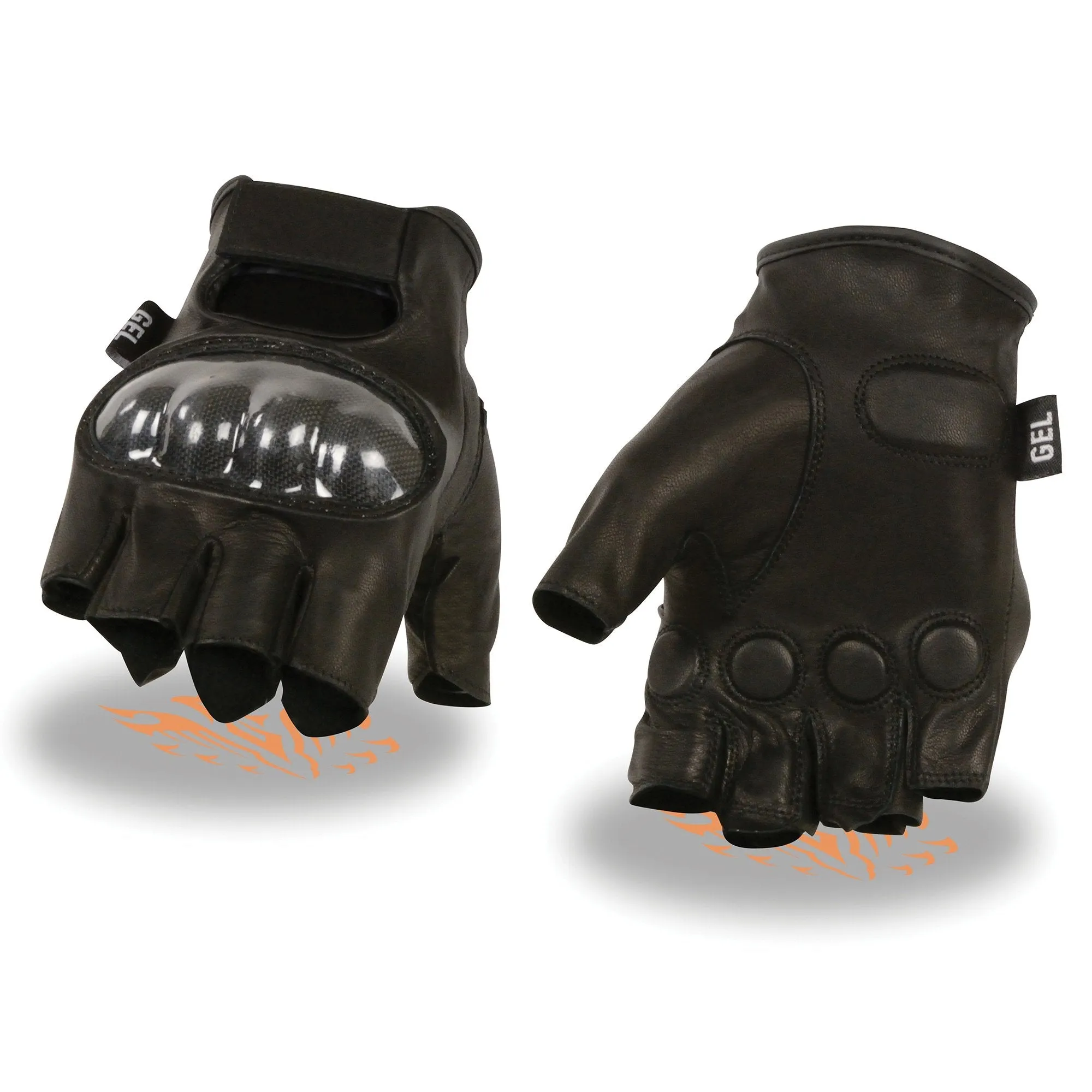 MG7555 Men's Black Leather Gel Padded Fingerless Motorcycle Hand Gloves W/ ’Hard Knuckle’ For Protection