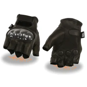 MG7555 Men's Black Leather Gel Padded Fingerless Motorcycle Hand Gloves W/ ’Hard Knuckle’ For Protection
