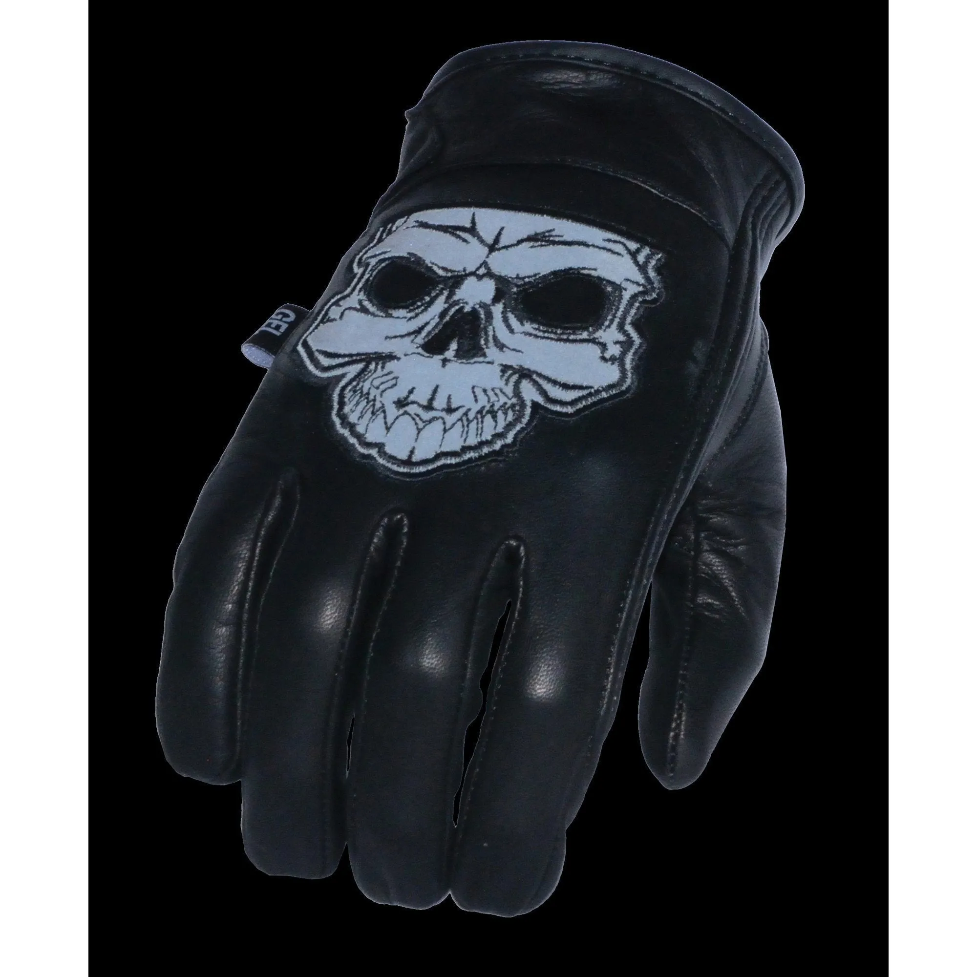 MG7570 Men's Black Leather ‘Reflective Skull’ Motorcycle Hand Gloves W/Gel Padded Palm MG7570