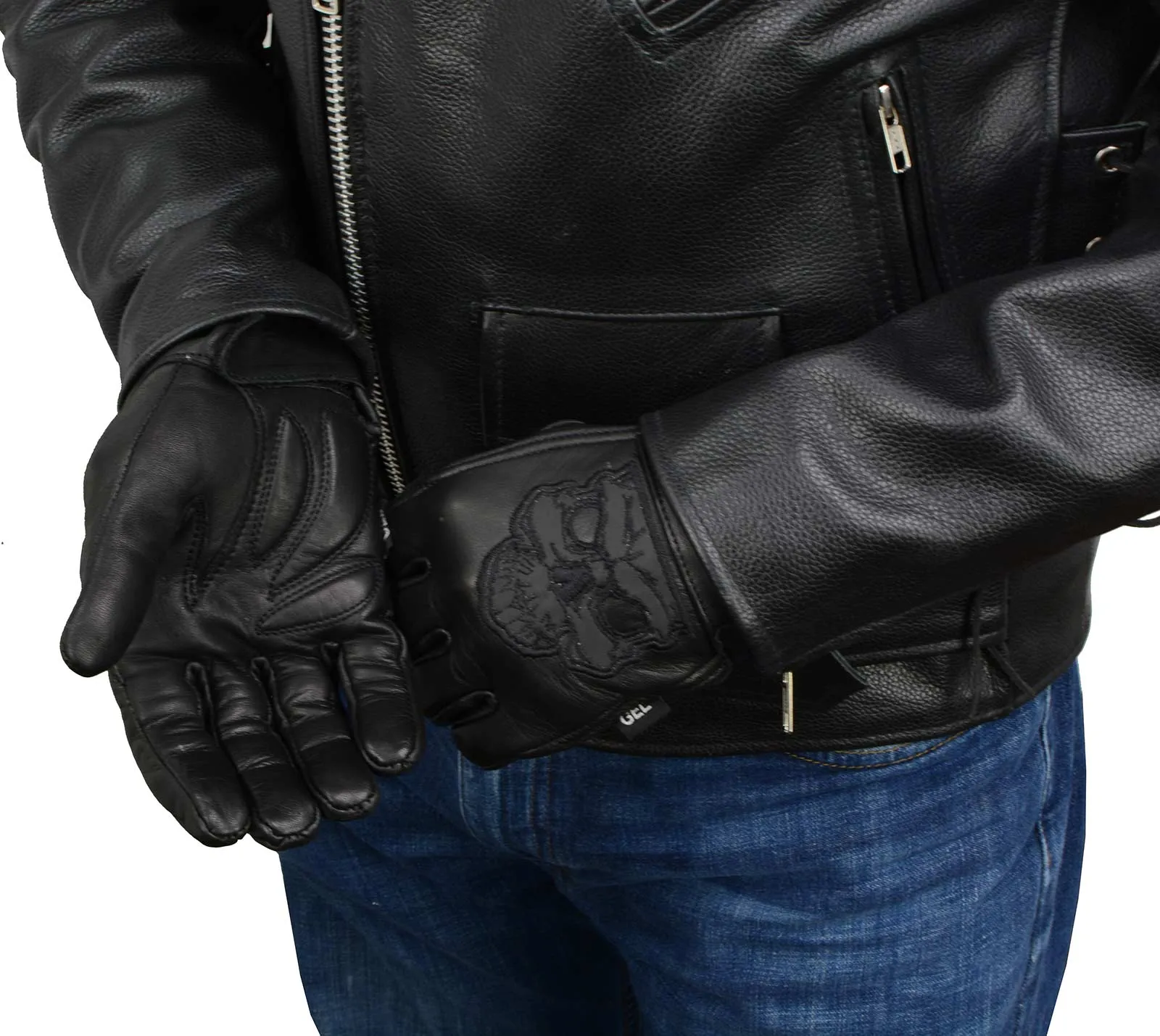 MG7570 Men's Black Leather ‘Reflective Skull’ Motorcycle Hand Gloves W/Gel Padded Palm MG7570