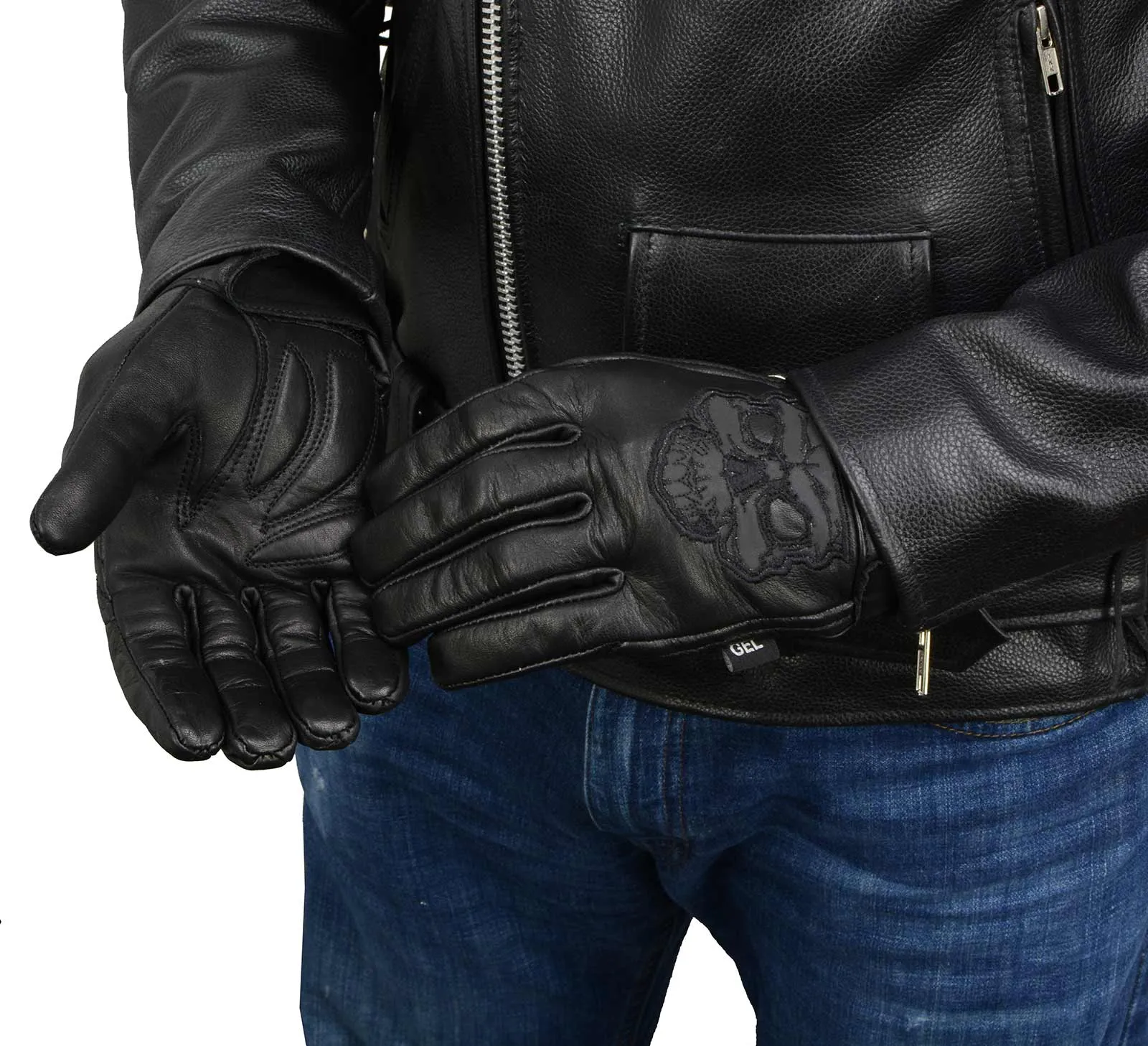 MG7570 Men's Black Leather ‘Reflective Skull’ Motorcycle Hand Gloves W/Gel Padded Palm MG7570