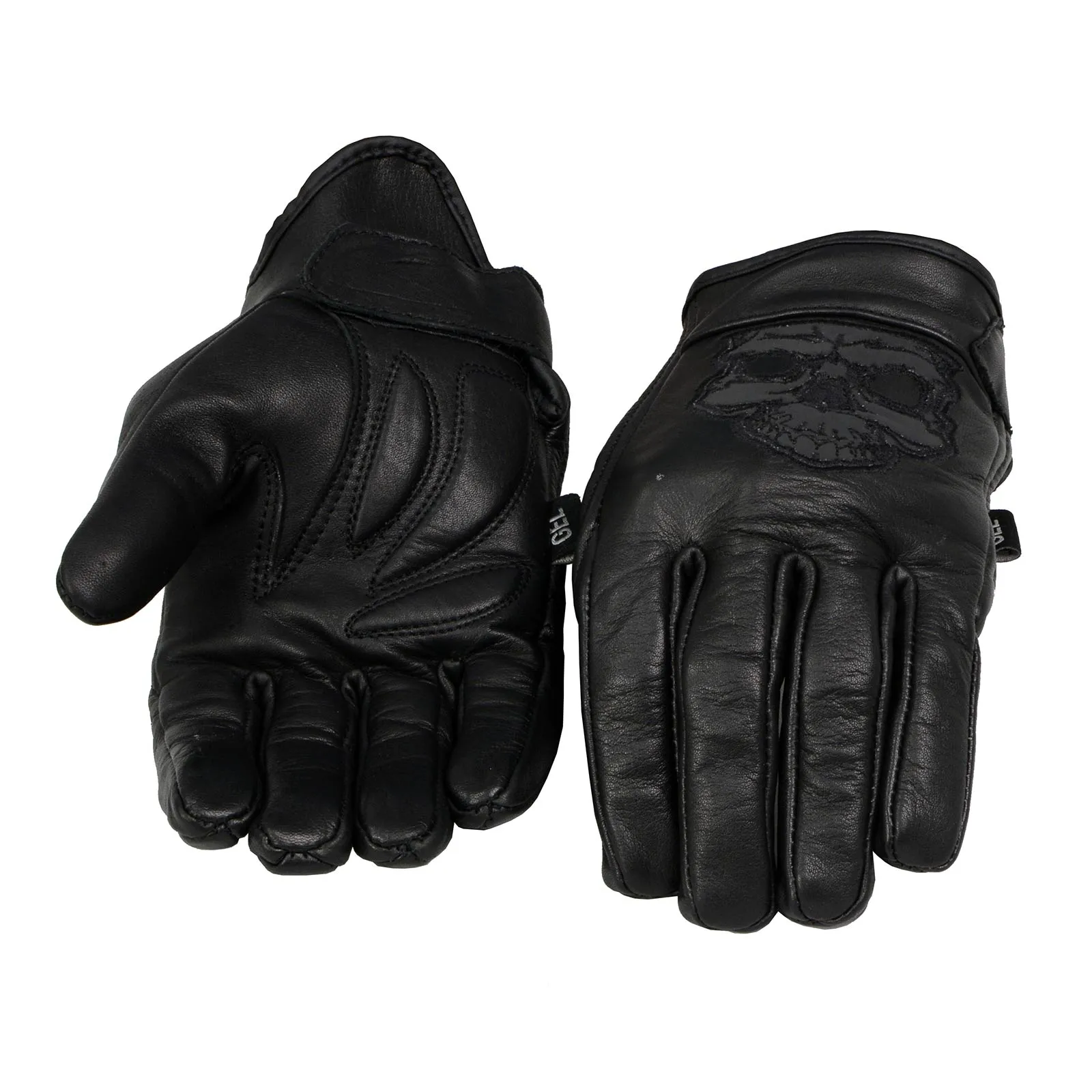 MG7570 Men's Black Leather ‘Reflective Skull’ Motorcycle Hand Gloves W/Gel Padded Palm MG7570