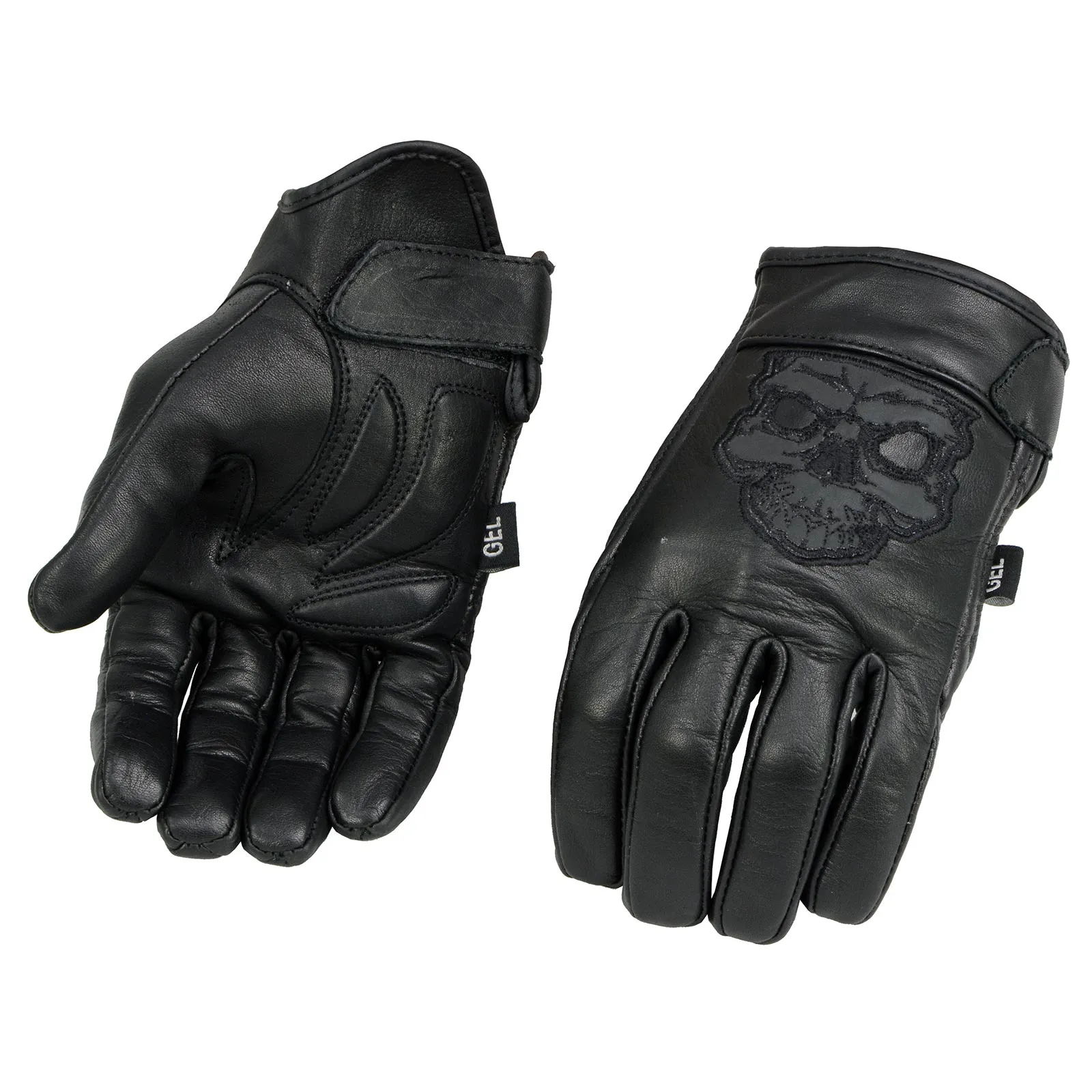 MG7570 Men's Black Leather ‘Reflective Skull’ Motorcycle Hand Gloves W/Gel Padded Palm MG7570