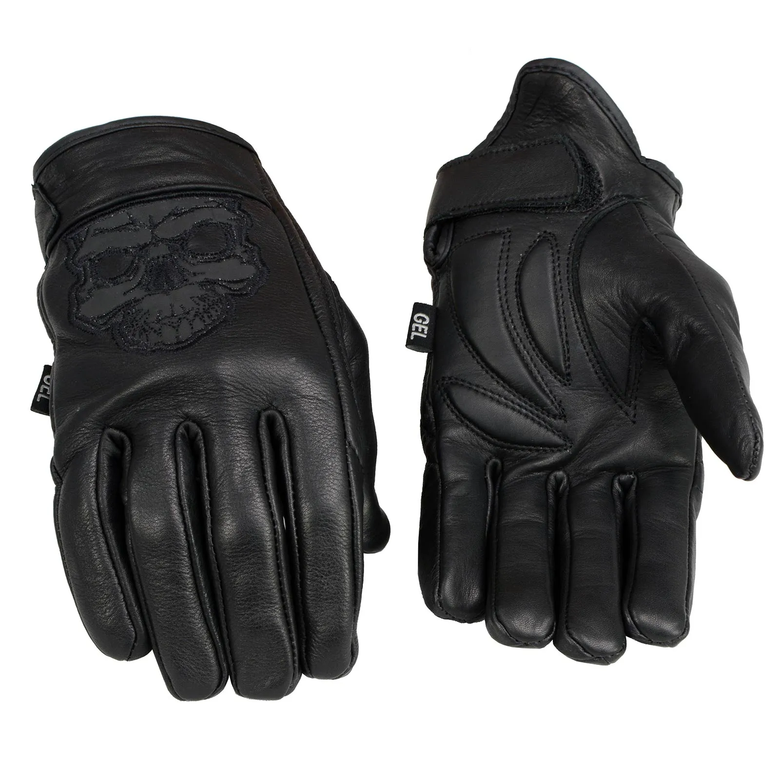 MG7570 Men's Black Leather ‘Reflective Skull’ Motorcycle Hand Gloves W/Gel Padded Palm MG7570