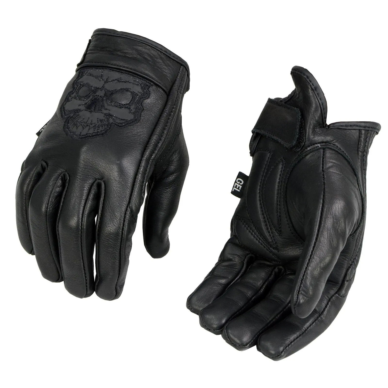 MG7570 Men's Black Leather ‘Reflective Skull’ Motorcycle Hand Gloves W/Gel Padded Palm MG7570