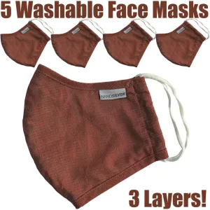 NanoSilver Face Masks - Washable Reusable 3-Ply Antibacterial Knitted Fabric - Rewashable up to 31X / Pack of 5 Masks - Burnt Sienna Red