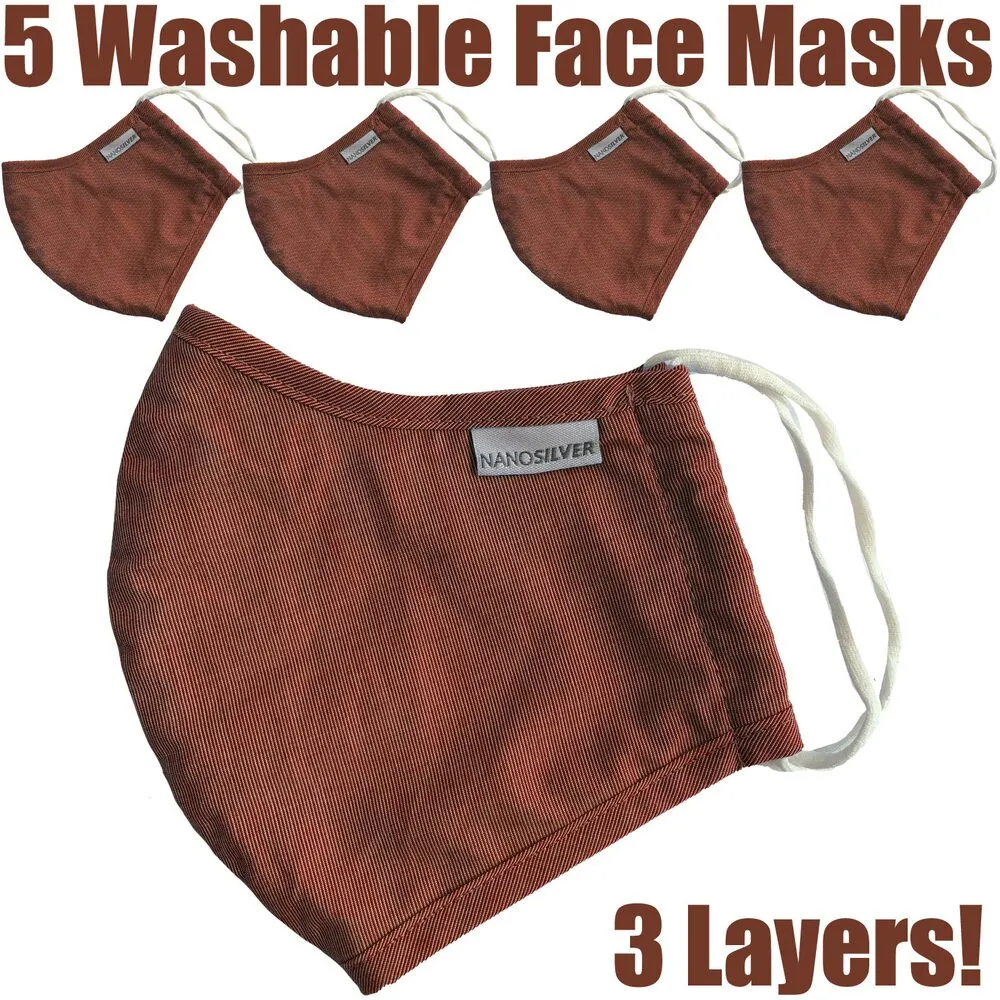 NanoSilver Face Masks - Washable Reusable 3-Ply Antibacterial Knitted Fabric - Rewashable up to 31X / Pack of 5 Masks - Burnt Sienna Red