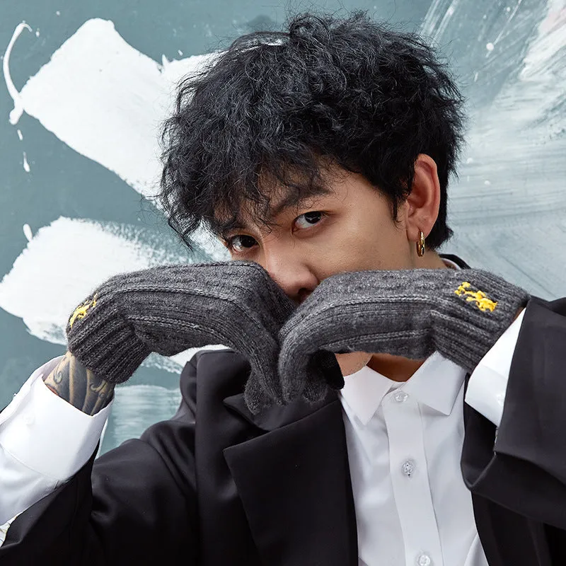 New Chinese Style Knitted Gloves for Men – Autumn/Winter Outdoor Thermal, Touchscreen, Anti-Slip, Cycling, Student Style (Model DZ80)