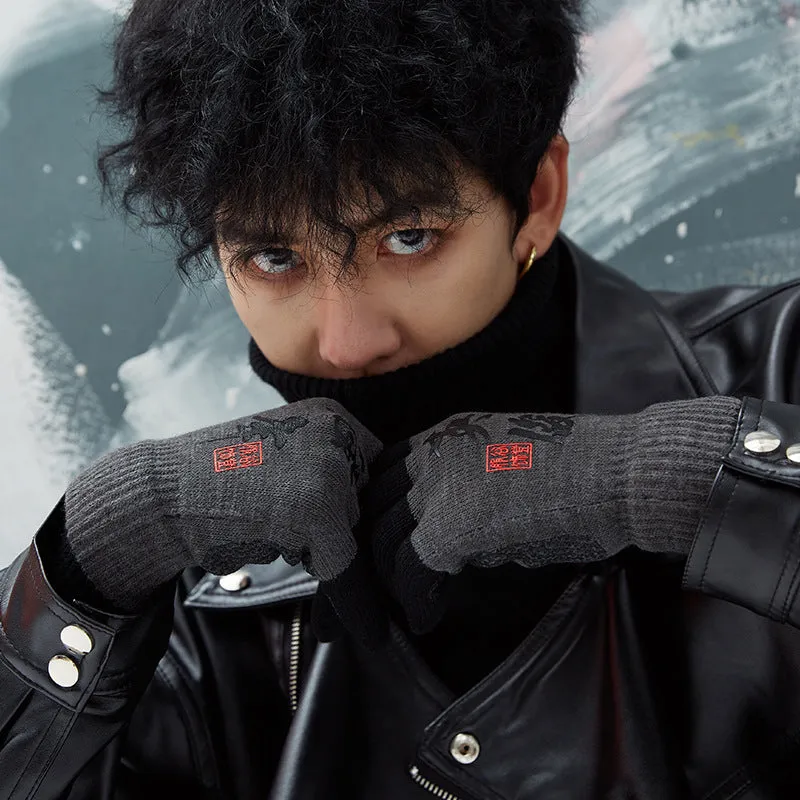 New Chinese Style Knitted Gloves for Men – Autumn/Winter Outdoor Thermal, Touchscreen, Anti-Slip, Cycling, Student Style (Model DZ80)