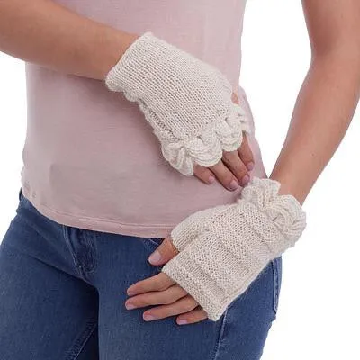 Off-White Hand Knitted 100% Alpaca Fingerless Mittens