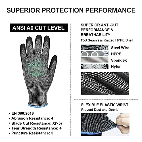 OKIAAS Level 6 Cut Resistant Work Gloves, Foam Nitrile Coated with Grip, Touchscreen Safety Gloves for Woodworking, Fishing, Construction, Mechanic