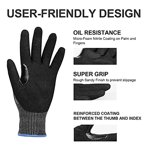 OKIAAS Level 6 Cut Resistant Work Gloves, Foam Nitrile Coated with Grip, Touchscreen Safety Gloves for Woodworking, Fishing, Construction, Mechanic