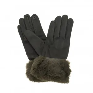 Olive Faux Suede Fur Trimmed Gloves