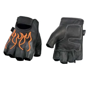 Orange Flame SH198 Men's Black Leather Gel Padded Palm Fingerless Motorcycle Hand Gloves W/ ‘Orange Flame Embroidered’