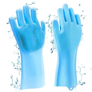 Pair of Reusable Waterproof Silicone Gloves for Cleaning Kitchen, Laundry & Garden (Blue)