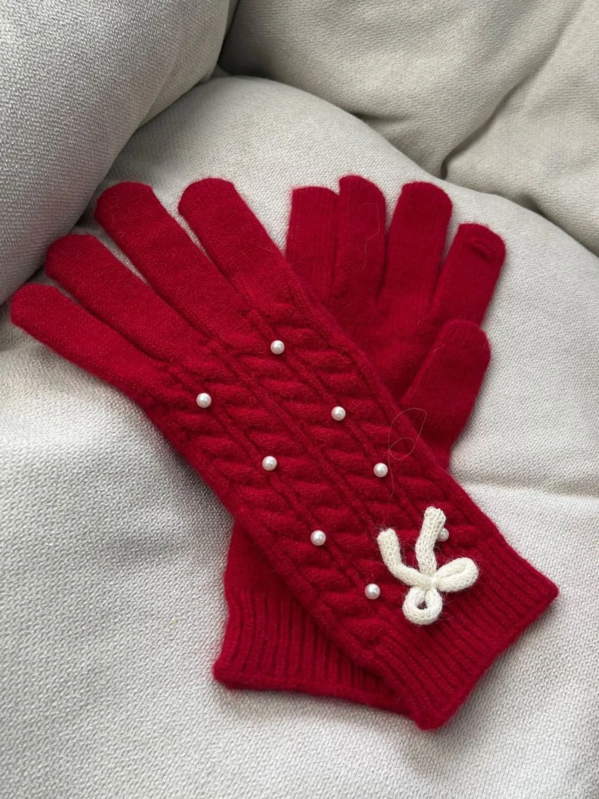 Pearl Detail Bow Five-Finger Gloves