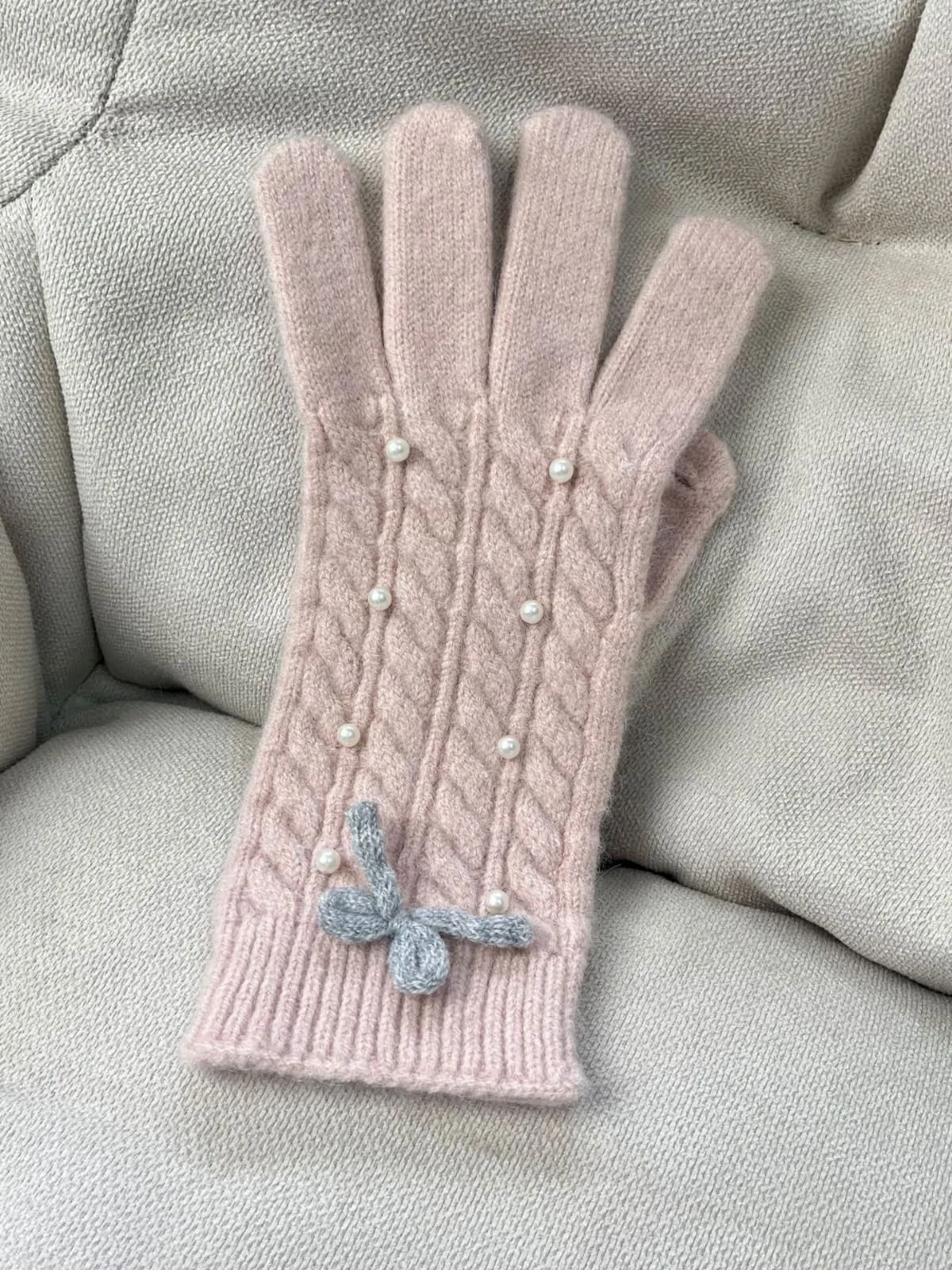 Pearl Detail Bow Five-Finger Gloves