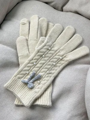 Pearl Detail Bow Five-Finger Gloves