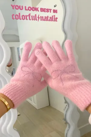Pink Bow Rhinestone Gloves