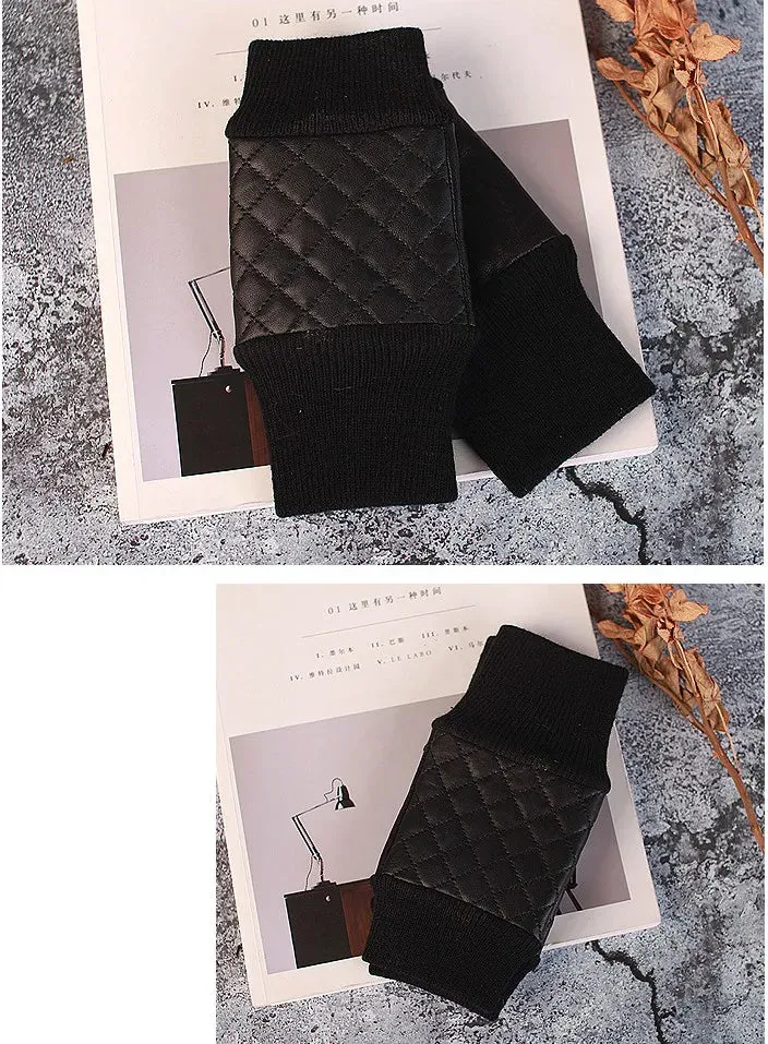 Quilted Genuine Leather Fingerless Gloves