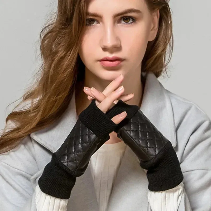 Quilted Genuine Leather Fingerless Gloves