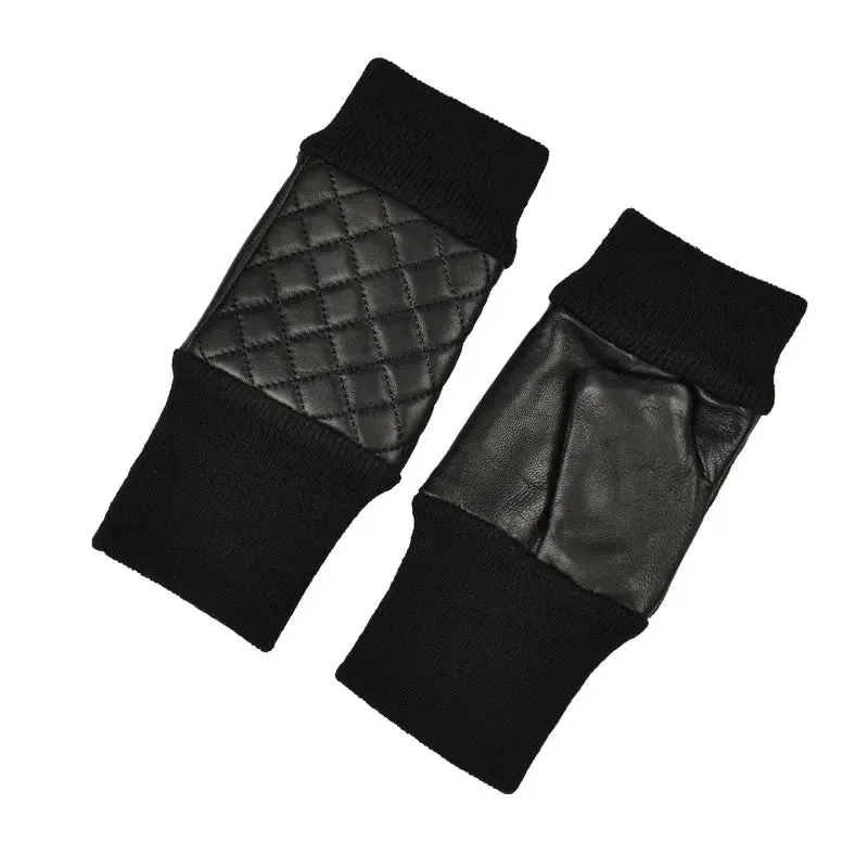 Quilted Genuine Leather Fingerless Gloves