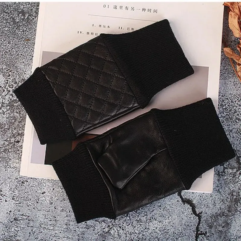 Quilted Genuine Leather Fingerless Gloves