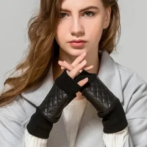 Quilted Genuine Leather Fingerless Gloves