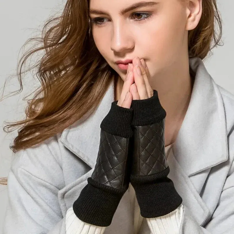 Quilted Genuine Leather Fingerless Gloves