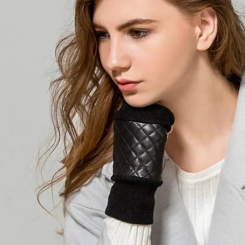 Quilted Genuine Leather Fingerless Gloves