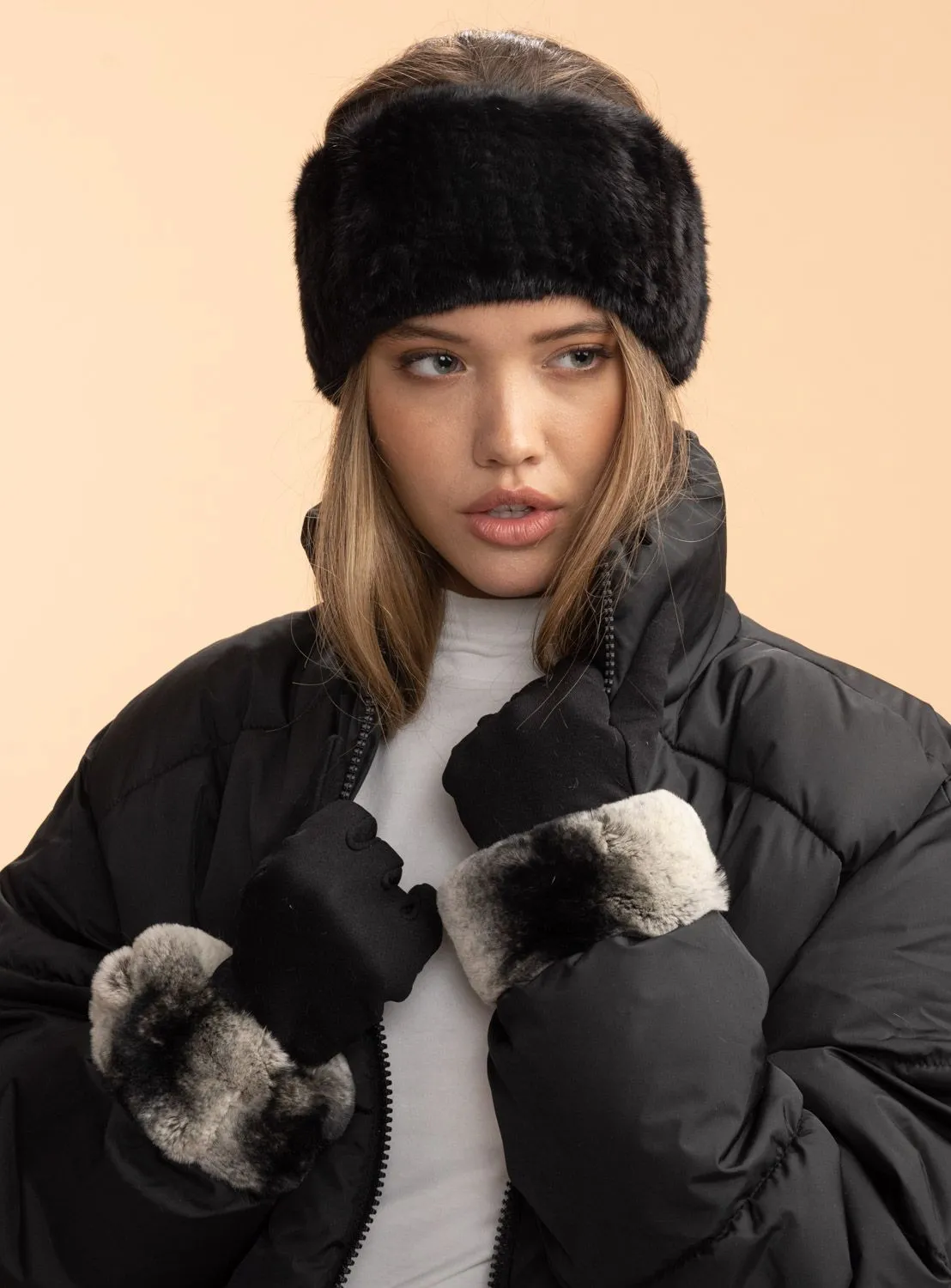 Rabbit Fur Trim Nylon Gloves