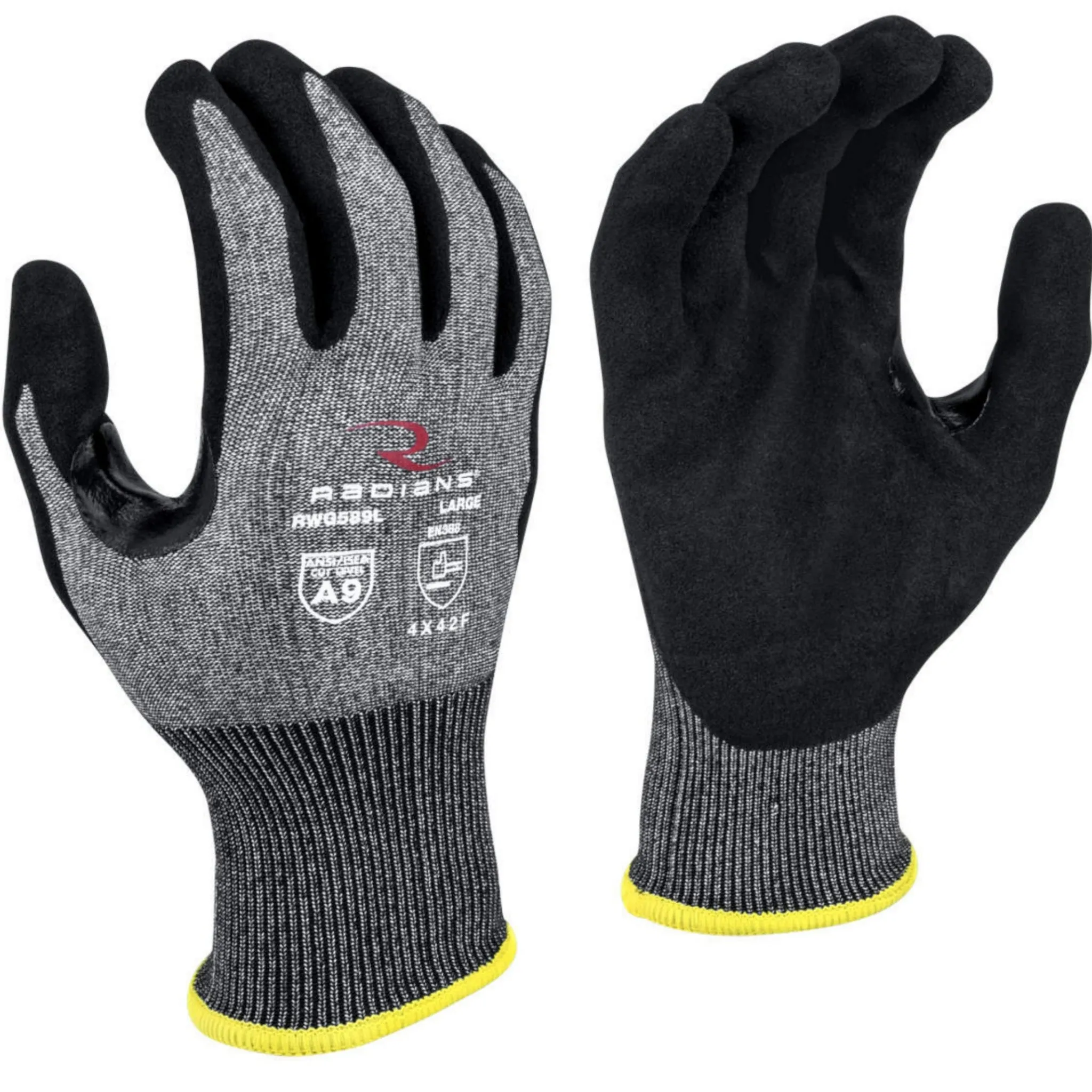 Radians RWG589XS Glove, Cut Protection Level A9, Sandy Foam Nitrile Coated, Black, 1 Pair