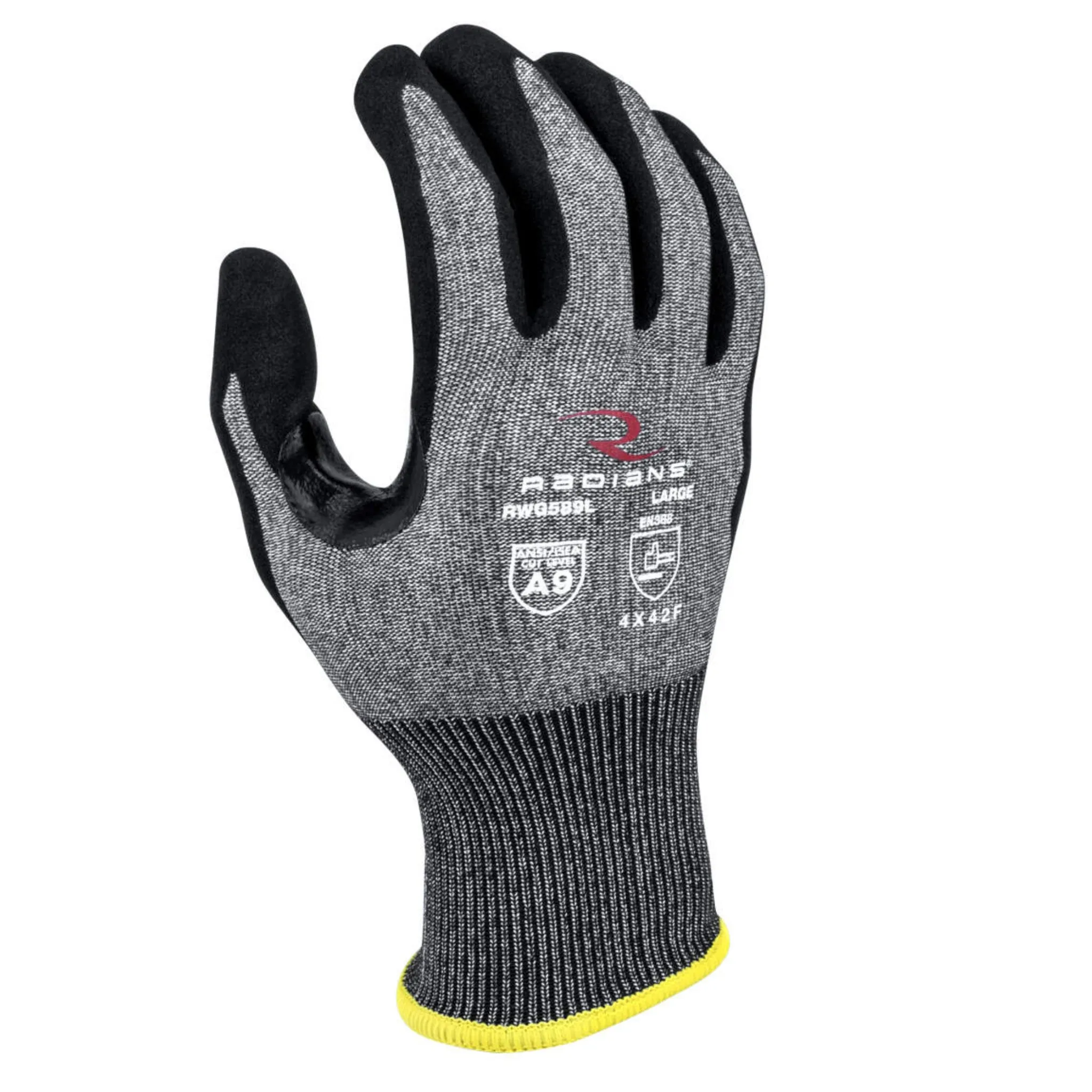 Radians RWG589XS Glove, Cut Protection Level A9, Sandy Foam Nitrile Coated, Black, 1 Pair