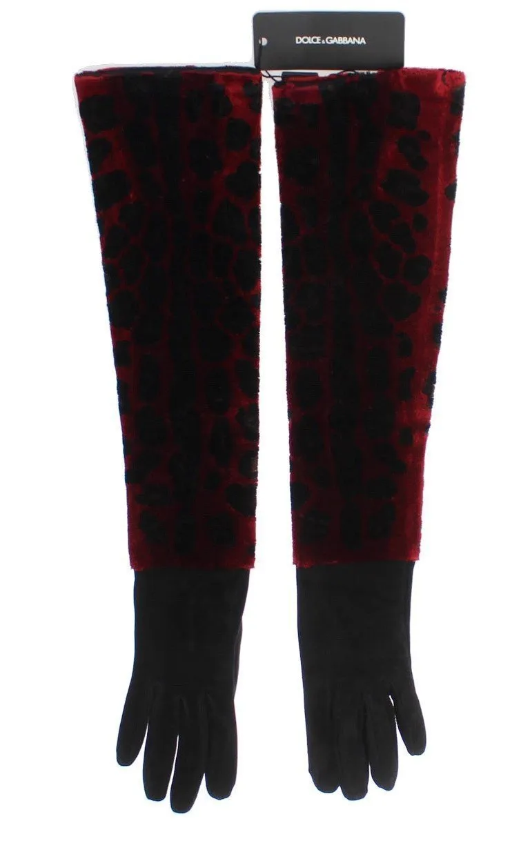 Red Black Leopard Leather Elbow Gloves