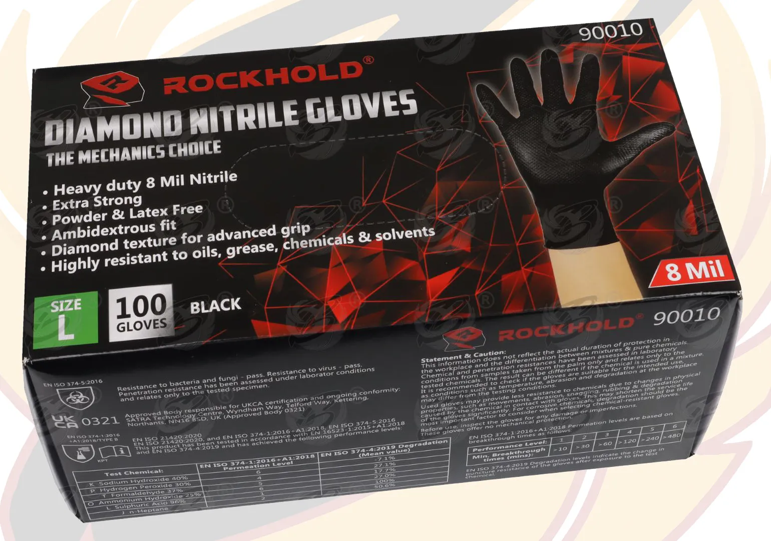 ROCKHOLD HEAVY DUTY BLACK 8 MIL NITRILE DIAMOND GRIP GLOVES ( LARGE - 100 GLOVES )