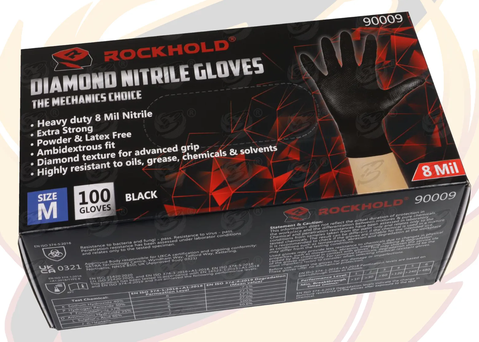 ROCKHOLD HEAVY DUTY BLACK 8 MIL NITRILE DIAMOND GRIP GLOVES ( MEDIUM - 100 GLOVES )