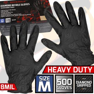 ROCKHOLD HEAVY DUTY BLACK 8 MIL NITRILE DIAMOND GRIP GLOVES ( MEDIUM - 500 GLOVES )