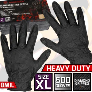 ROCKHOLD HEAVY DUTY BLACK 8 MIL NITRILE DIAMOND GRIP GLOVES ( X LARGE - 500 GLOVES )