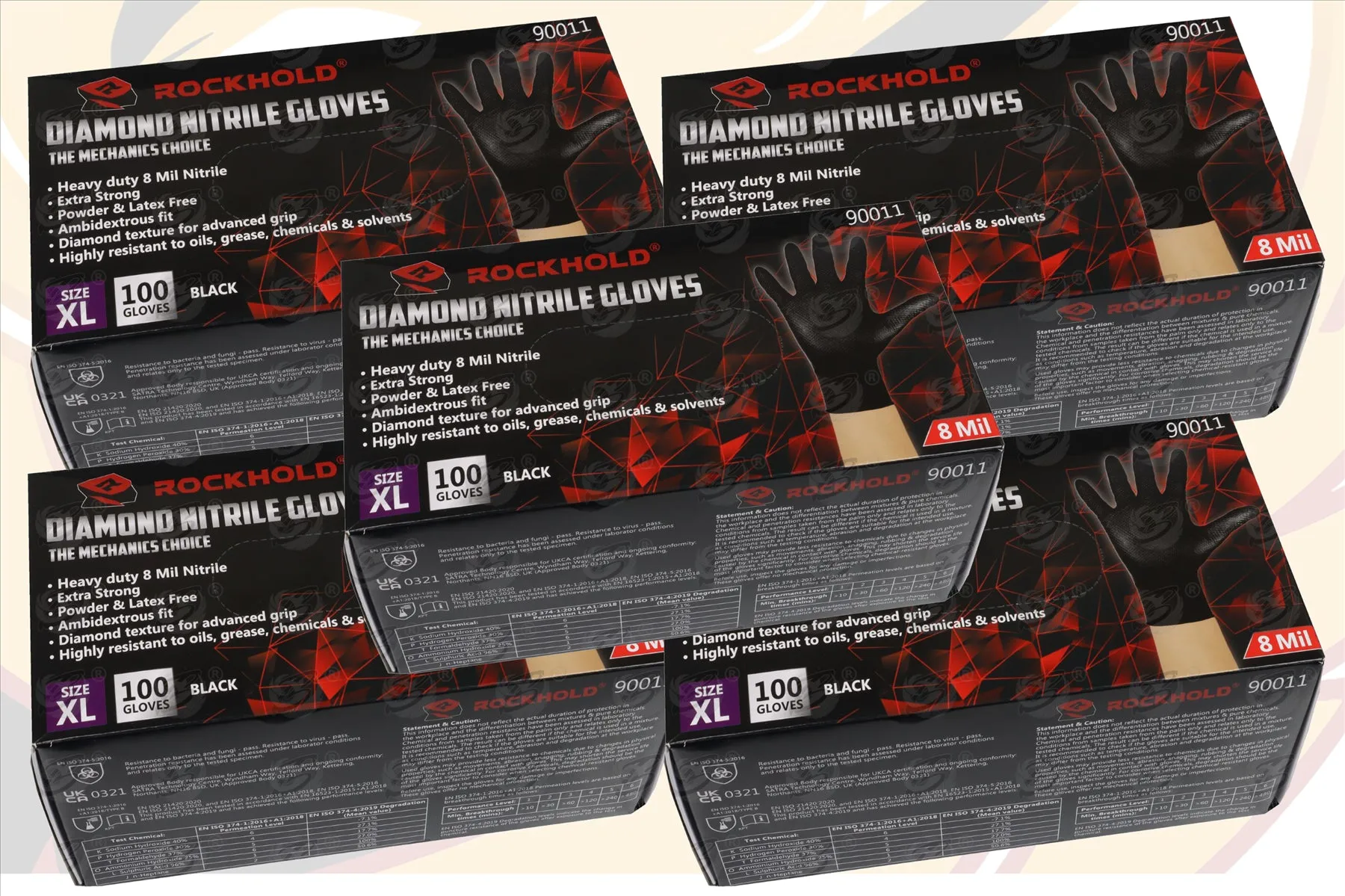 ROCKHOLD HEAVY DUTY BLACK 8 MIL NITRILE DIAMOND GRIP GLOVES ( X LARGE - 500 GLOVES )