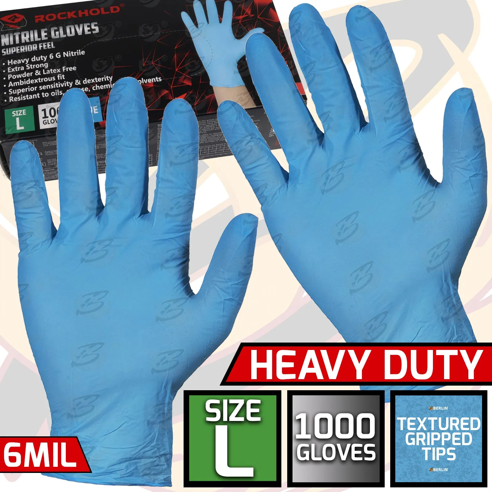 ROCKHOLD HEAVY DUTY BLUE 6 MIL NITRILE TEXTURED TIP GLOVES ( LARGE - 1000 GLOVES )