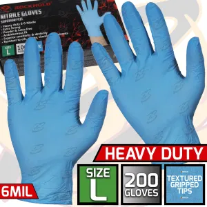 ROCKHOLD HEAVY DUTY BLUE 6 MIL NITRILE TEXTURED TIP GLOVES ( LARGE - 200 GLOVES )