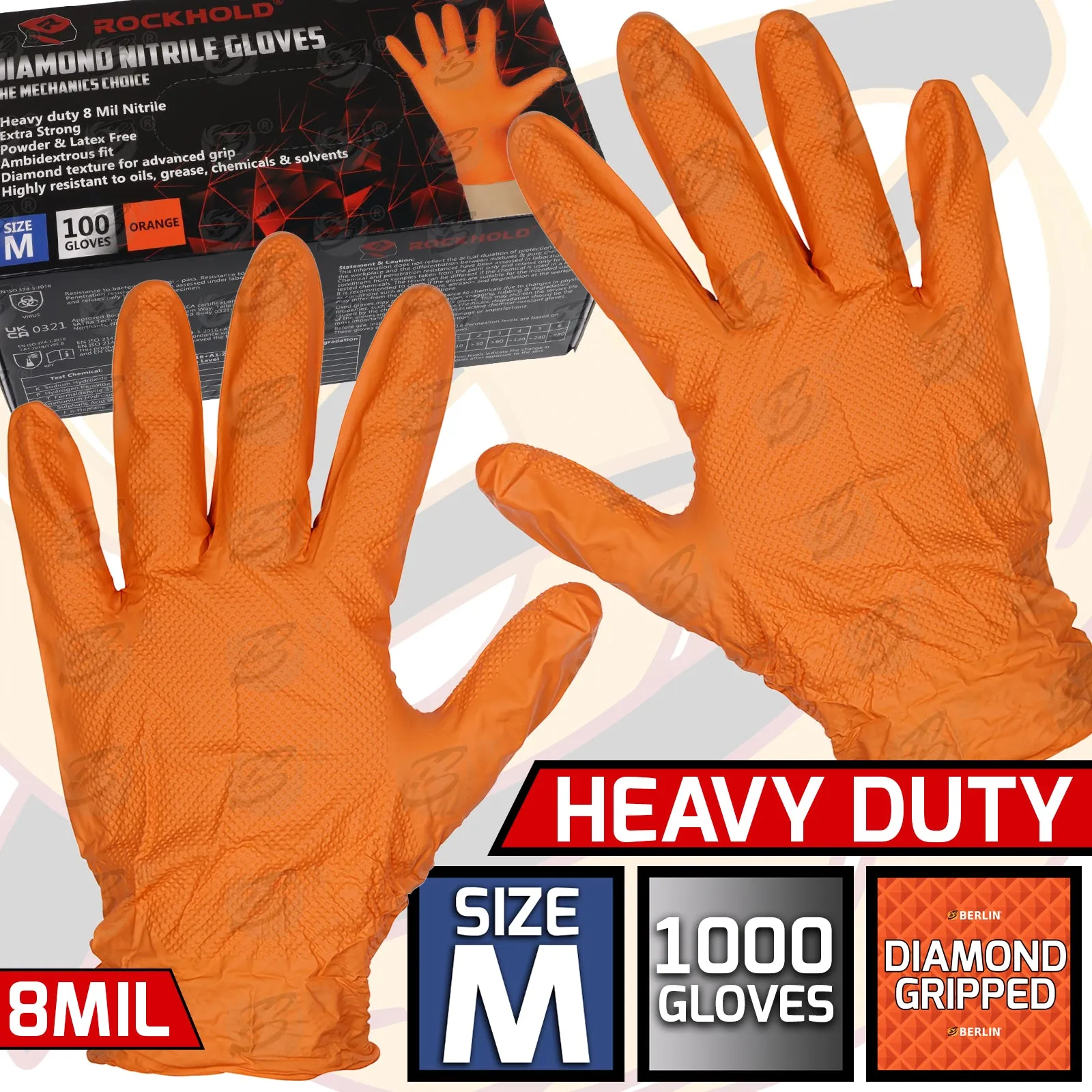 ROCKHOLD HEAVY DUTY ORANGE 8 MIL NITRILE DIAMOND GRIP GLOVES ( MEDIUM - 1000 GLOVES )