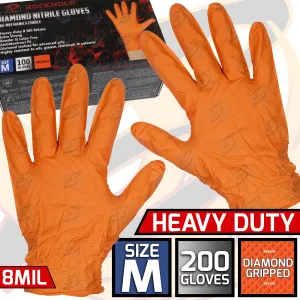ROCKHOLD HEAVY DUTY ORANGE 8 MIL NITRILE DIAMOND GRIP GLOVES ( MEDIUM - 200 GLOVES )