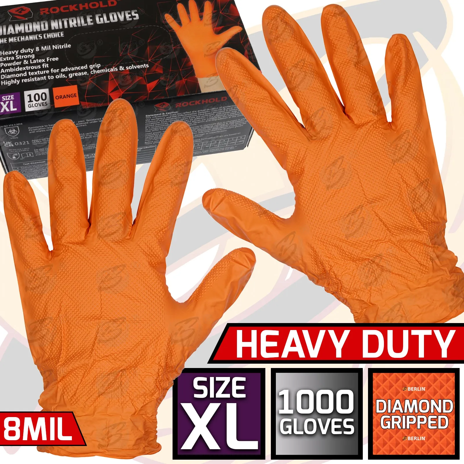 ROCKHOLD HEAVY DUTY ORANGE 8 MIL NITRILE DIAMOND GRIP GLOVES ( X LARGE - 1000 GLOVES )