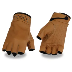 Saddle Color MG7761 Women's Leather Gel Palm Fingerless Motorcycle Hand Gloves W/ Stylish ‘Wrist Detailing’